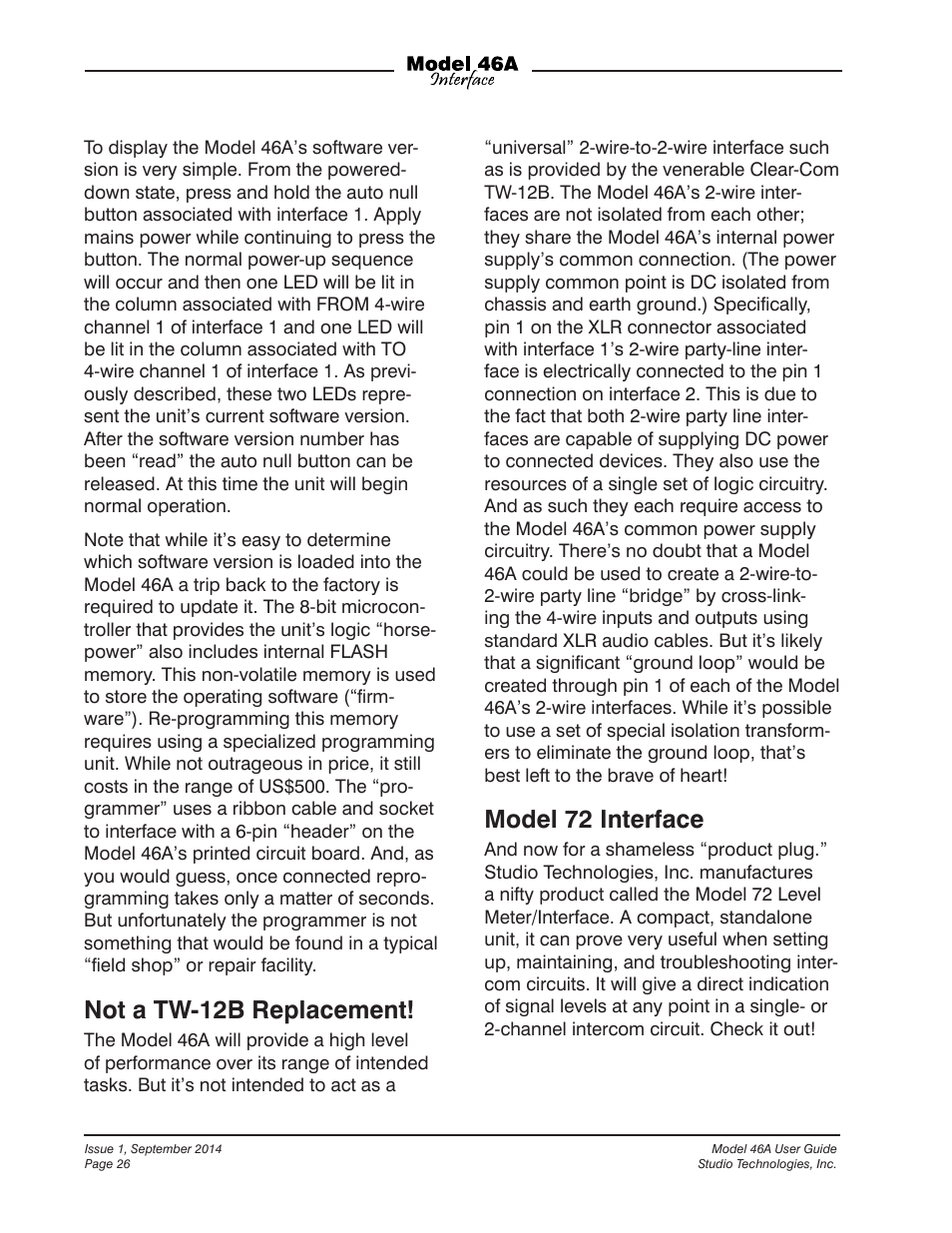 Not a tw-12b replacement, Model 72 interface | Studio Technologies 46A User Manual | Page 26 / 33