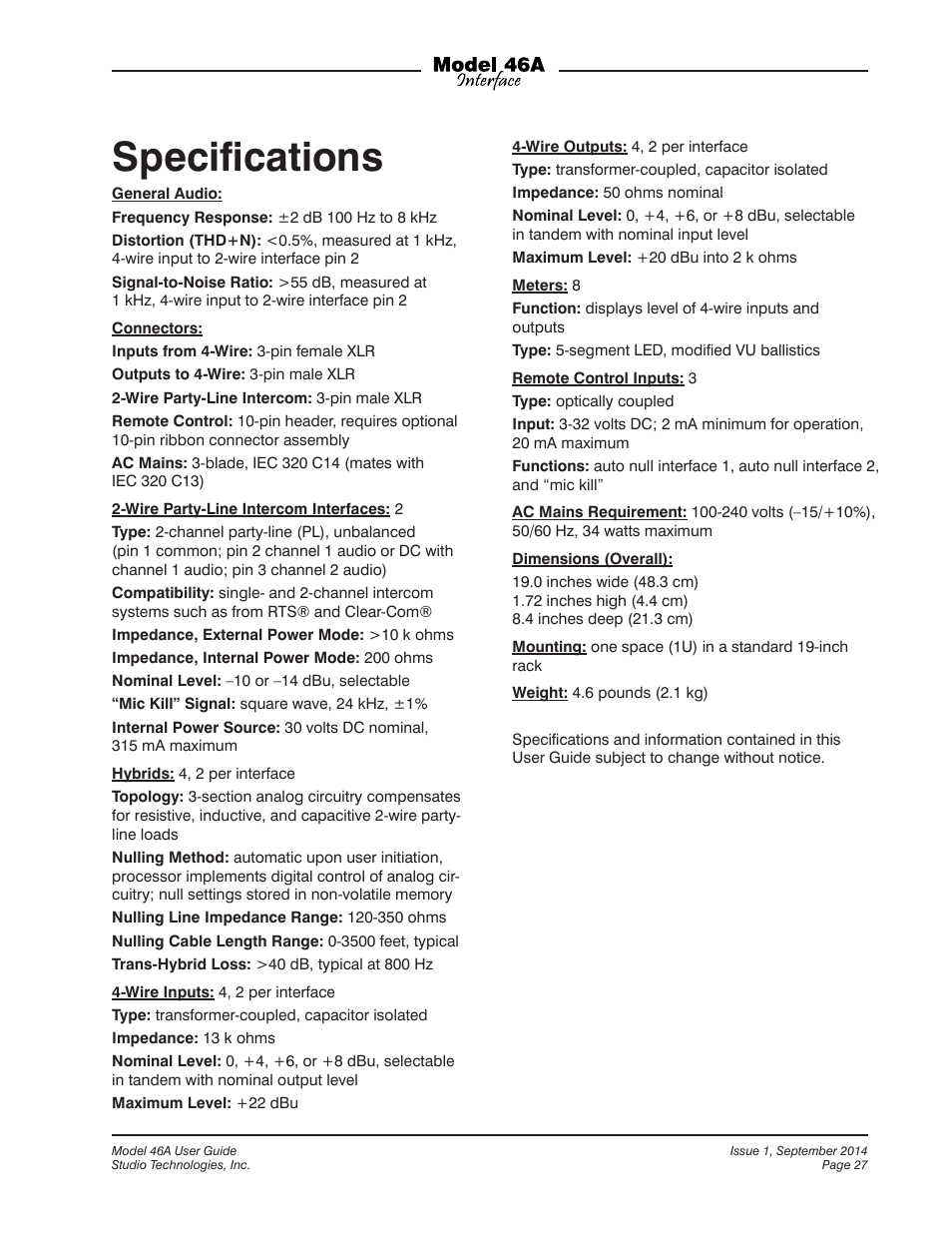 Specifications, Speciﬁcations | Studio Technologies 46A User Manual | Page 27 / 33