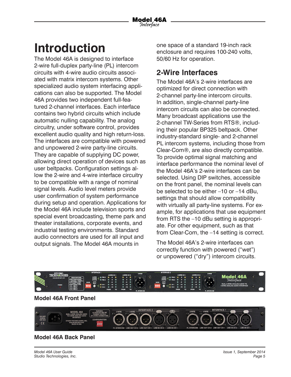 Introduction, Wire interfaces | Studio Technologies 46A User Manual | Page 5 / 33