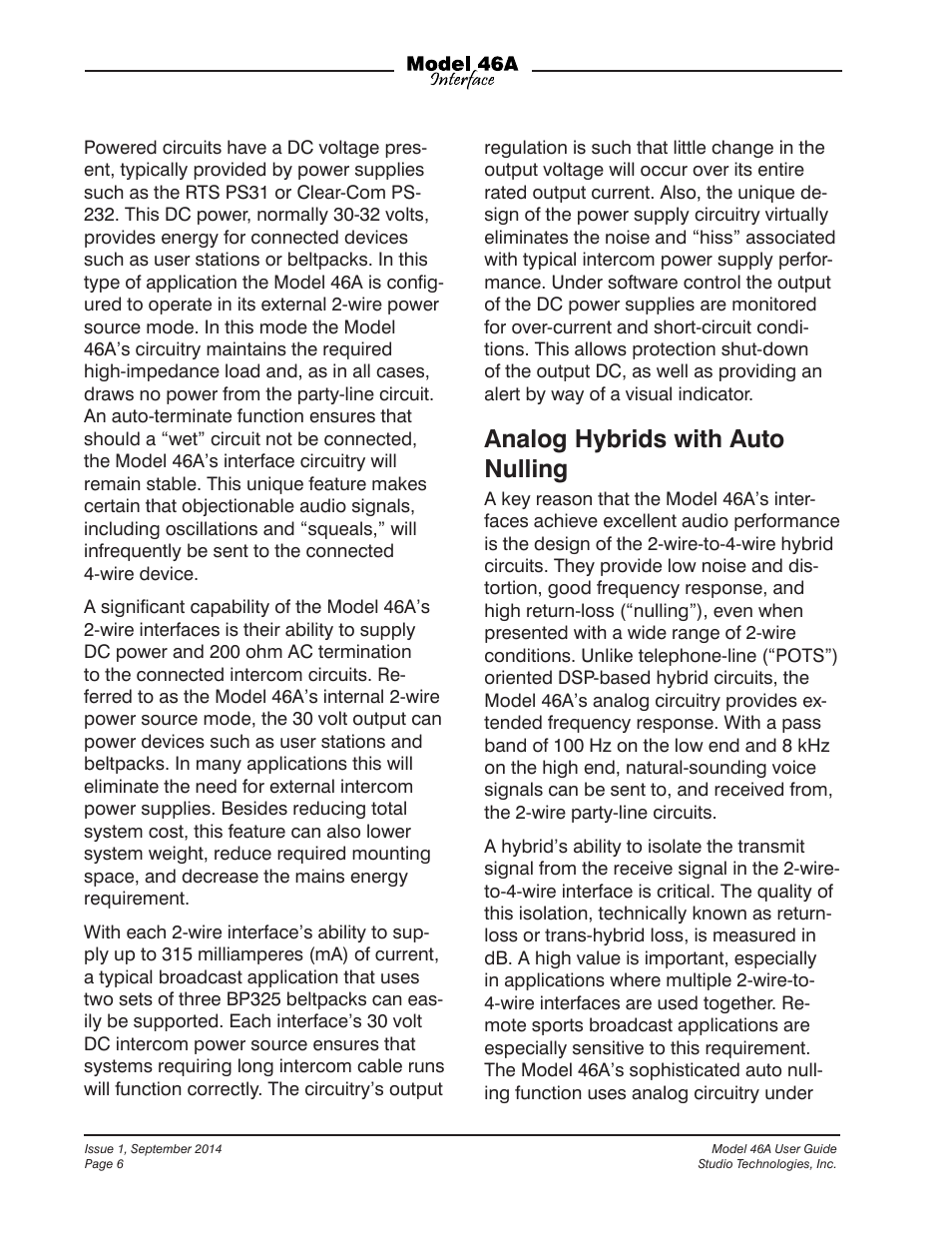 Analog hybrids with auto nulling | Studio Technologies 46A User Manual | Page 6 / 33