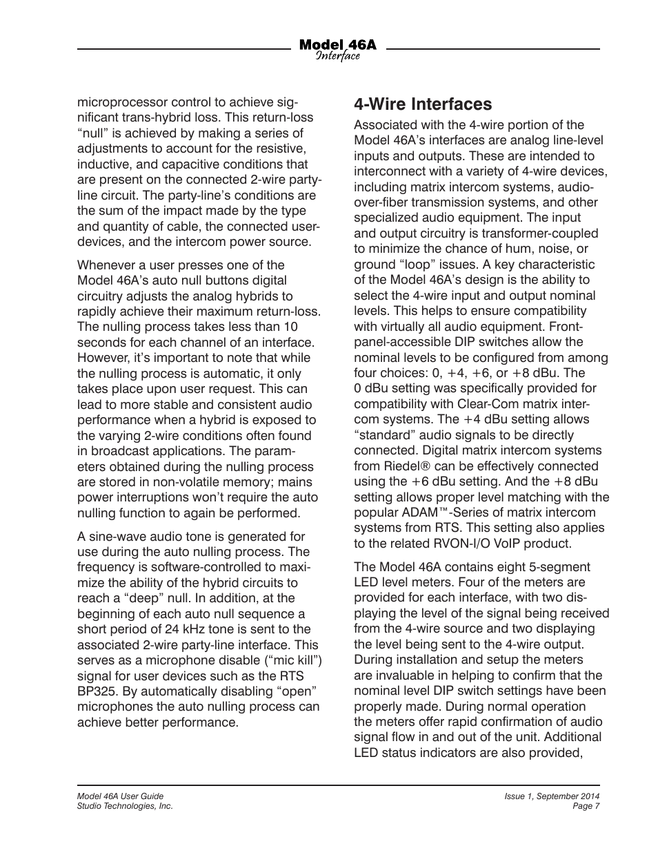 Wire interfaces | Studio Technologies 46A User Manual | Page 7 / 33