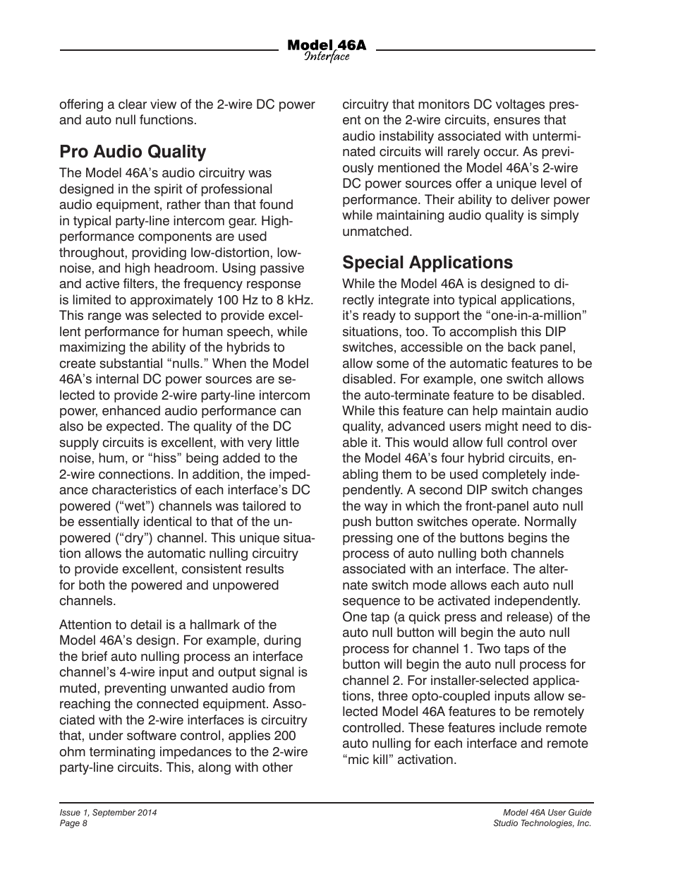 Pro audio quality, Special applications | Studio Technologies 46A User Manual | Page 8 / 33