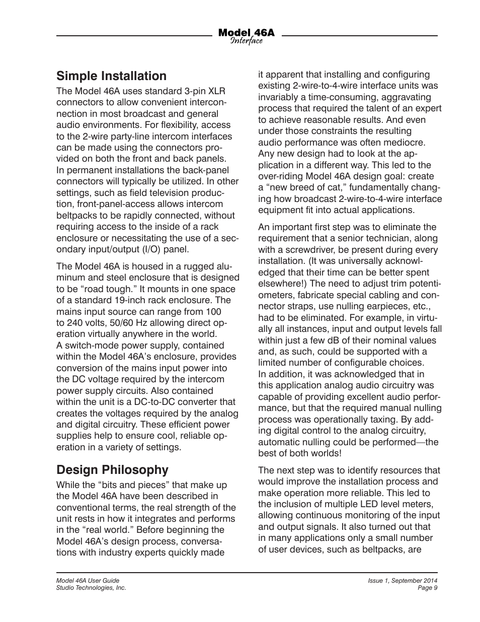 Simple installation, Design philosophy | Studio Technologies 46A User Manual | Page 9 / 33