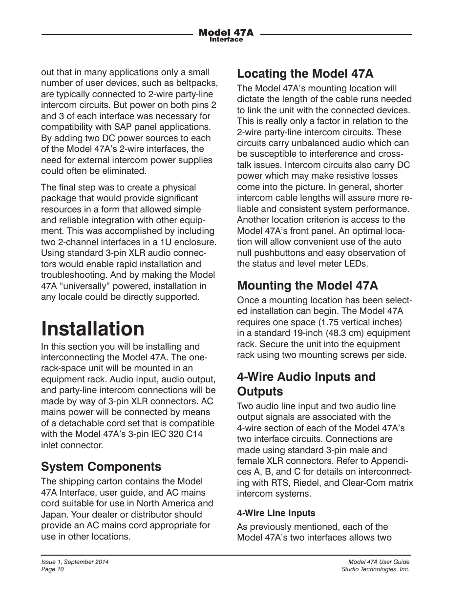 Installation, System components, Locating the model 47a | Mounting the model 47a, Wire audio inputs and outputs | Studio Technologies 47A User Manual | Page 10 / 33