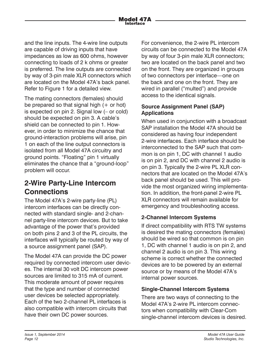 Wire party-line intercom connections | Studio Technologies 47A User Manual | Page 12 / 33