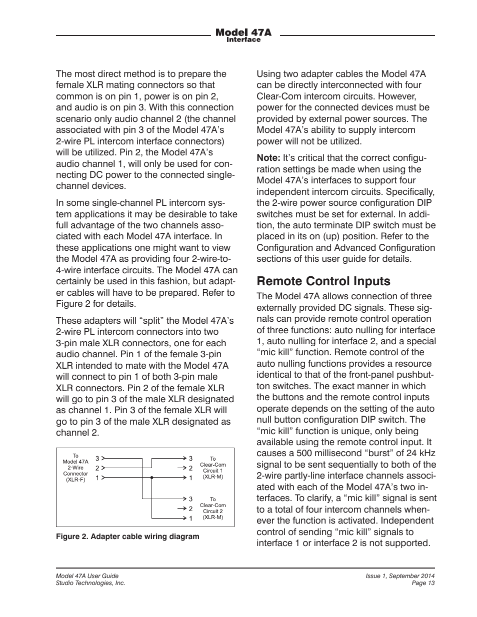 Remote control inputs | Studio Technologies 47A User Manual | Page 13 / 33