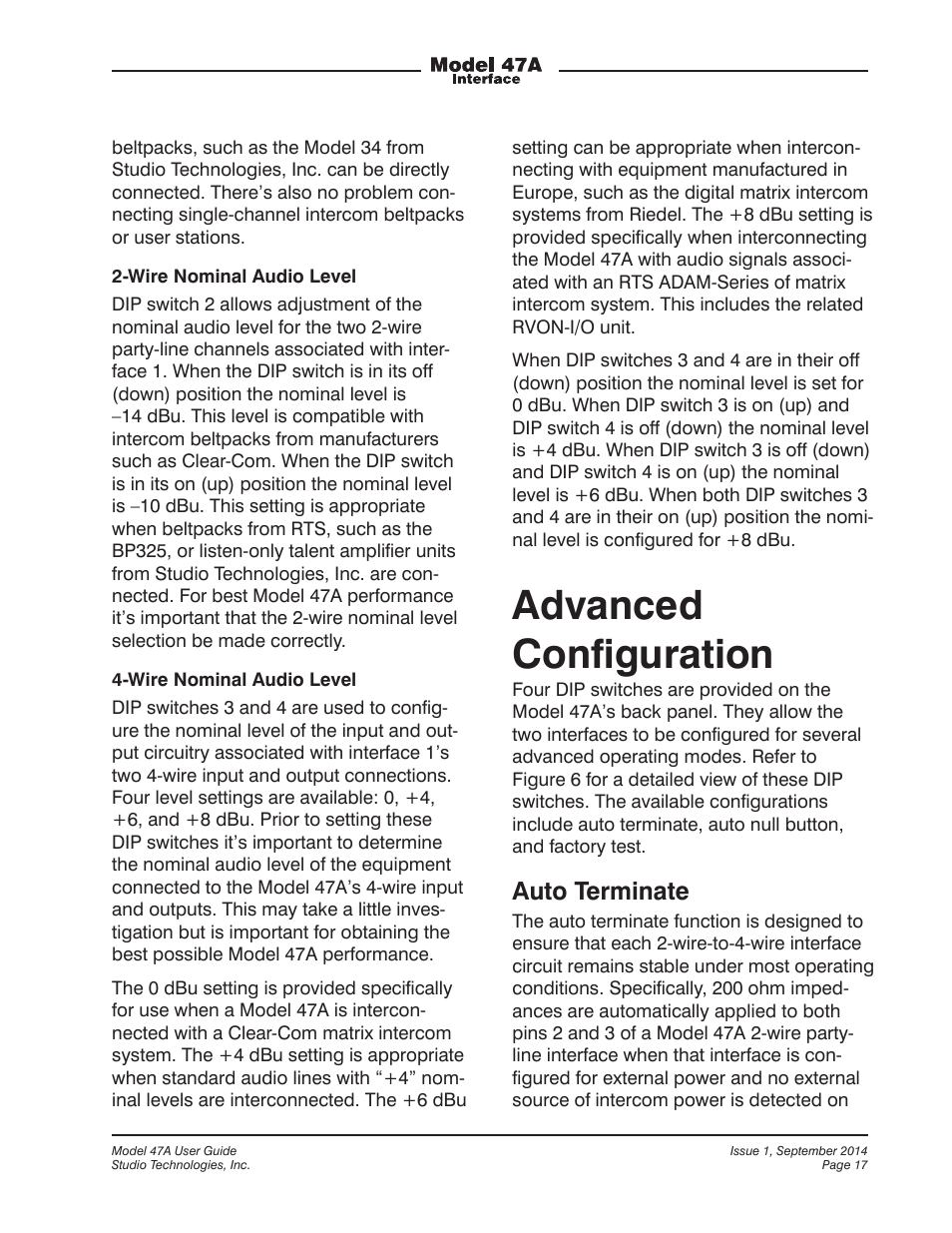 Advanced configuration, Advanced conﬁguration, Auto terminate | Studio Technologies 47A User Manual | Page 17 / 33