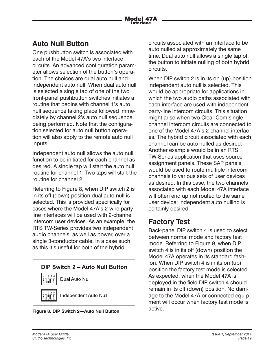 Auto null button, Factory test | Studio Technologies 47A User Manual | Page 19 / 33