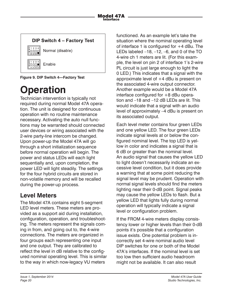 Operation, Level meters | Studio Technologies 47A User Manual | Page 20 / 33