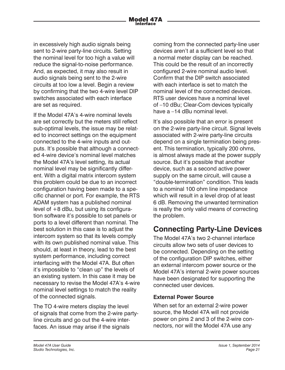 Connecting party-line devices | Studio Technologies 47A User Manual | Page 21 / 33