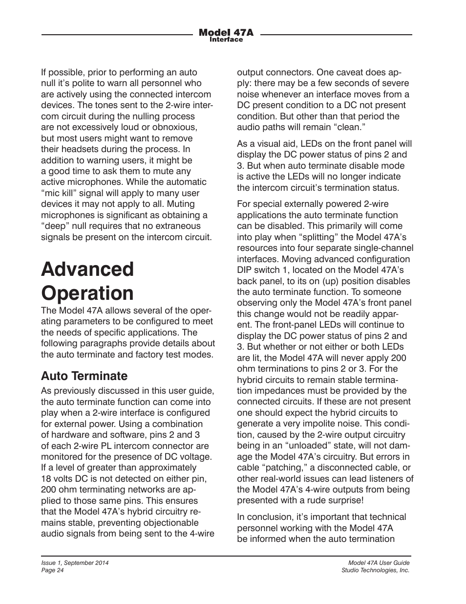 Advanced operation, Auto terminate | Studio Technologies 47A User Manual | Page 24 / 33