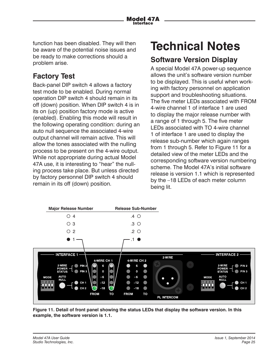 Technical notes, Factory test, Software version display | Studio Technologies 47A User Manual | Page 25 / 33