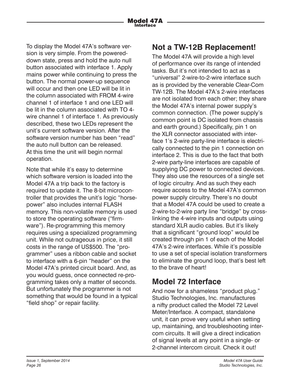 Not a tw-12b replacement, Model 72 interface | Studio Technologies 47A User Manual | Page 26 / 33