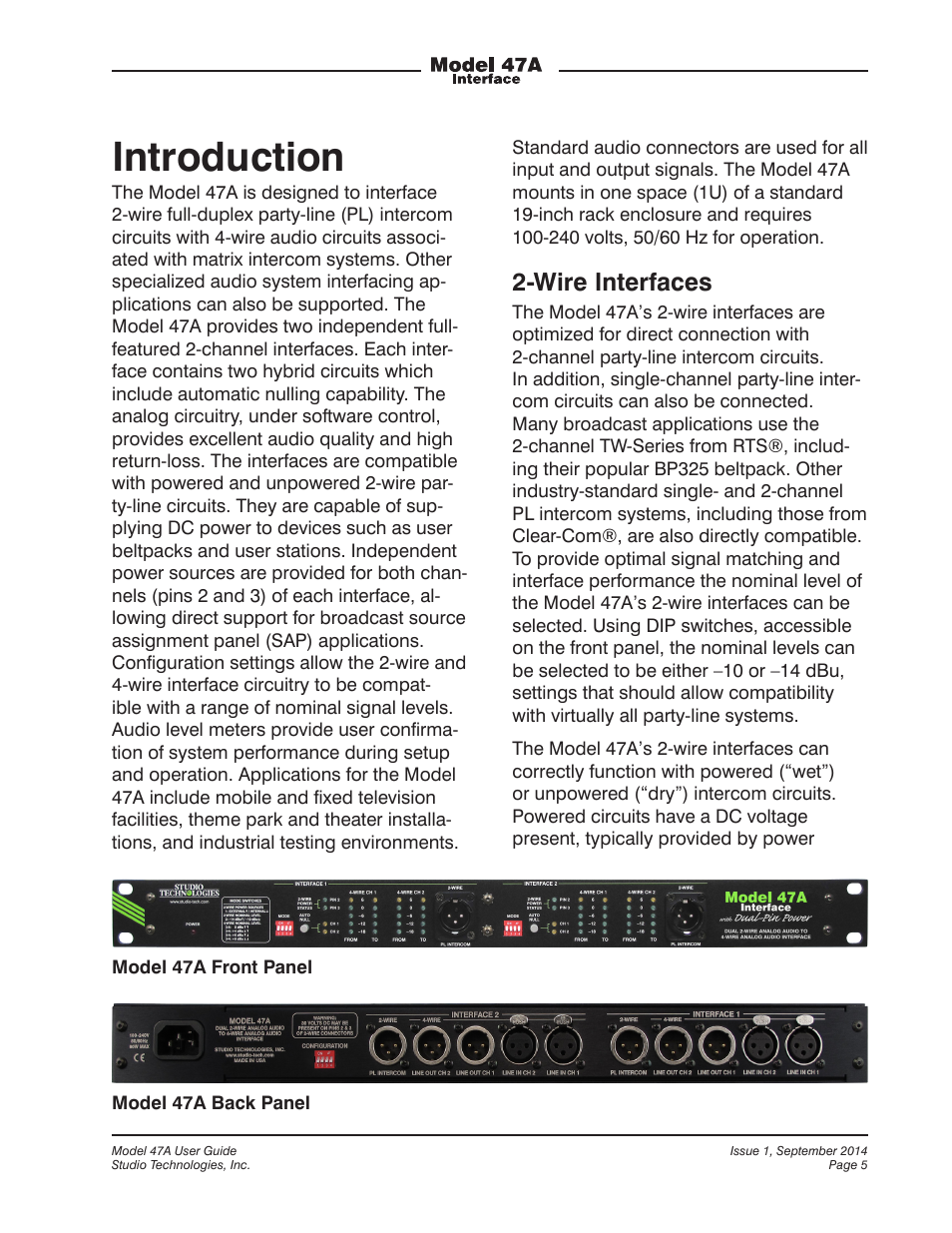 Introduction, Wire interfaces | Studio Technologies 47A User Manual | Page 5 / 33