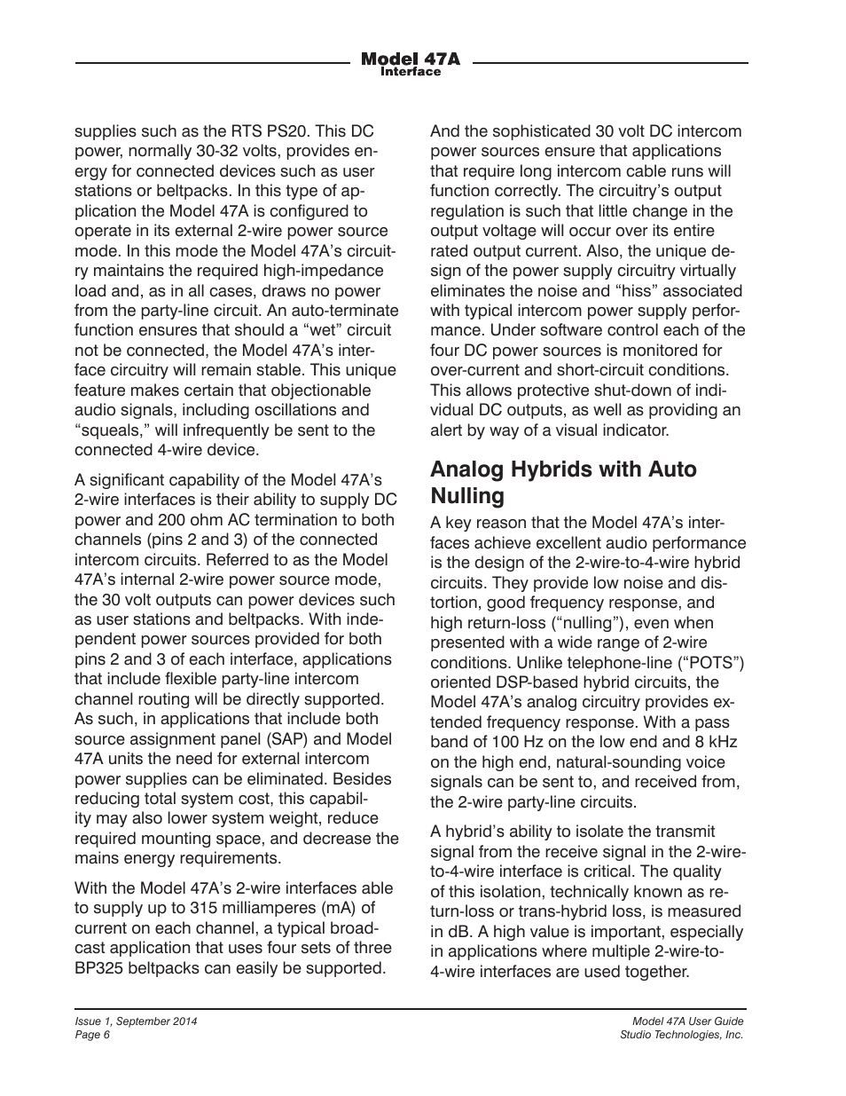 Analog hybrids with auto nulling | Studio Technologies 47A User Manual | Page 6 / 33