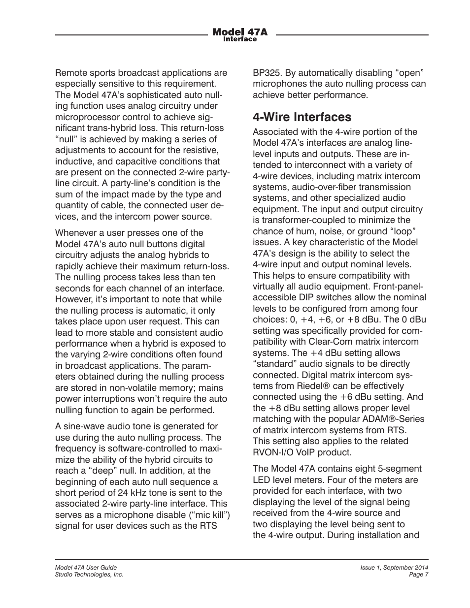 Wire interfaces | Studio Technologies 47A User Manual | Page 7 / 33