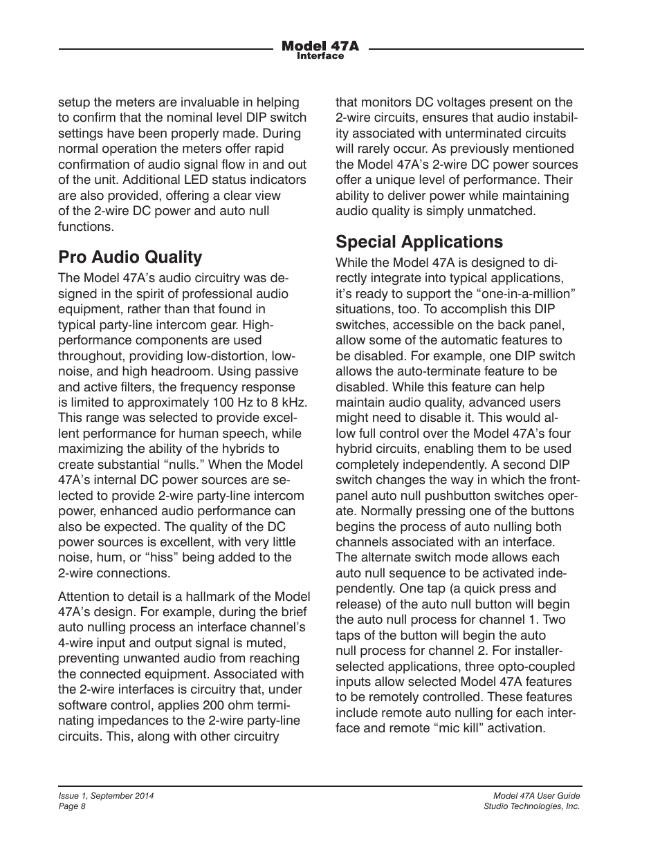 Pro audio quality, Special applications | Studio Technologies 47A User Manual | Page 8 / 33