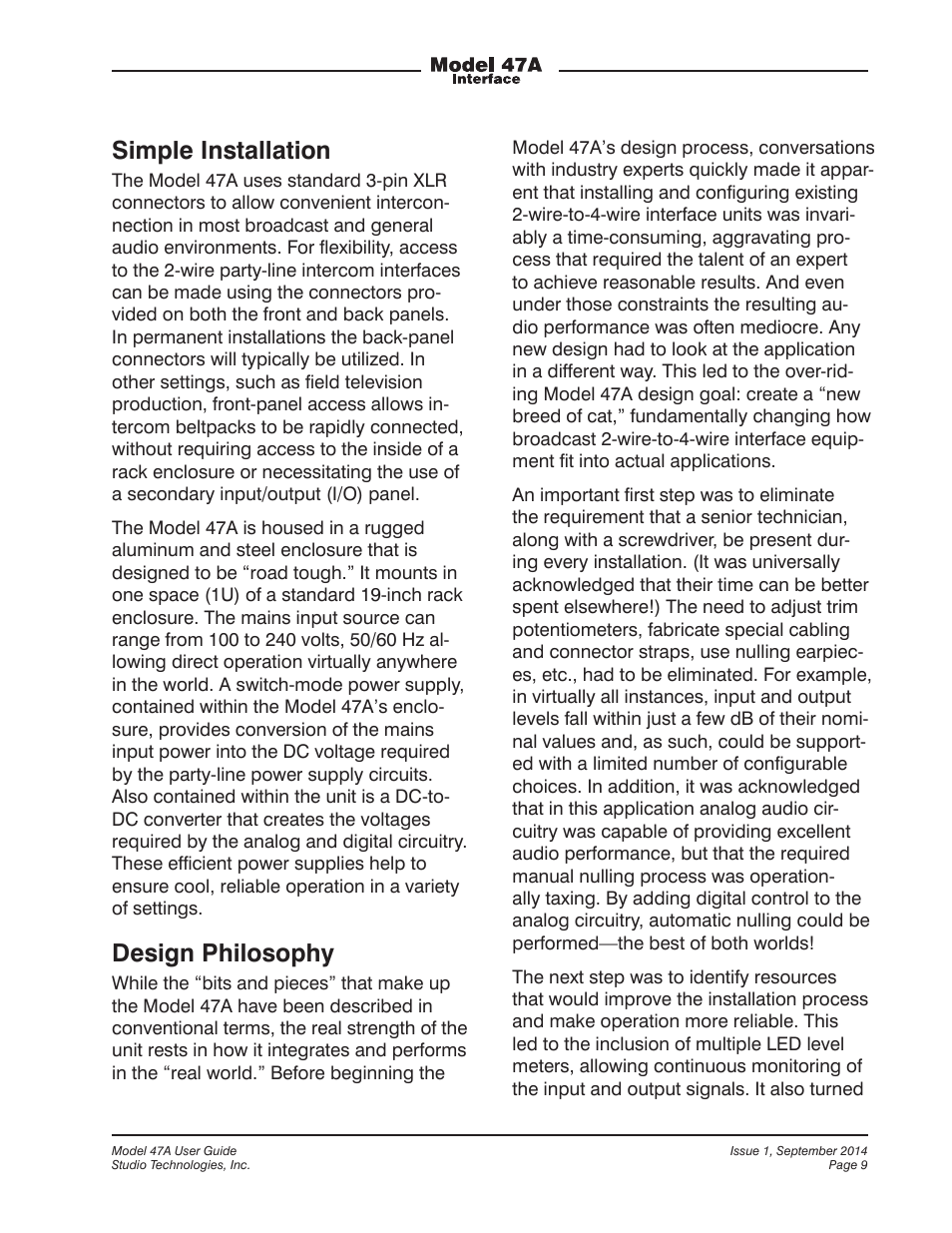 Simple installation, Design philosophy | Studio Technologies 47A User Manual | Page 9 / 33