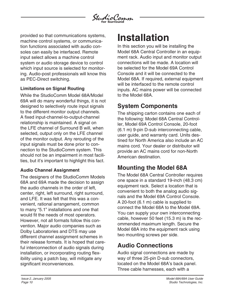 Installation, System components, Mounting the model 68a | Audio connections | Studio Technologies 68A 2005 User Manual | Page 10 / 49