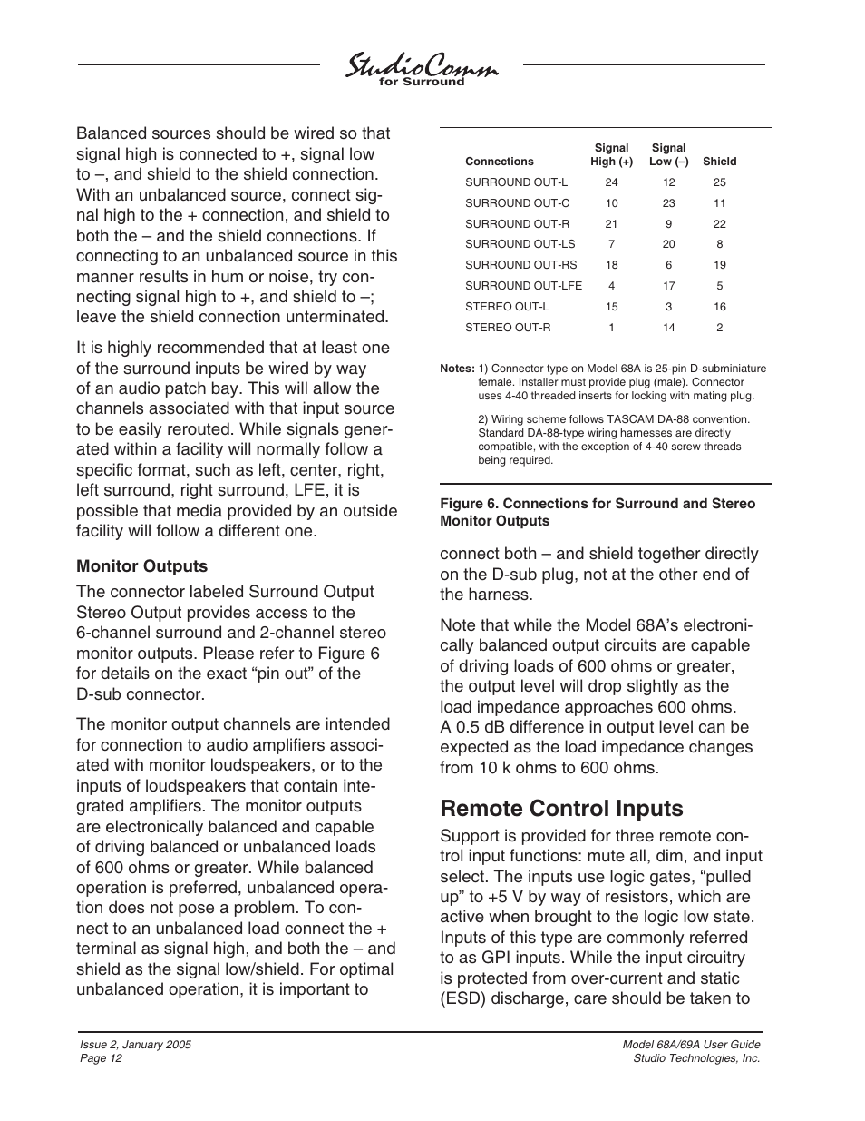 Remote control inputs | Studio Technologies 68A 2005 User Manual | Page 12 / 49