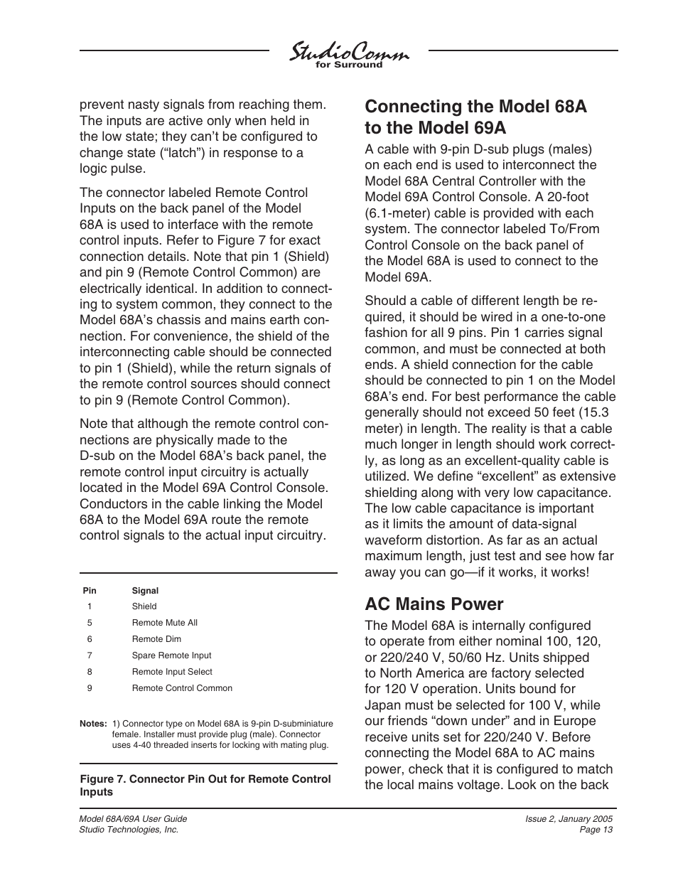 Connecting the model 68a to the model 69a, Ac mains power | Studio Technologies 68A 2005 User Manual | Page 13 / 49