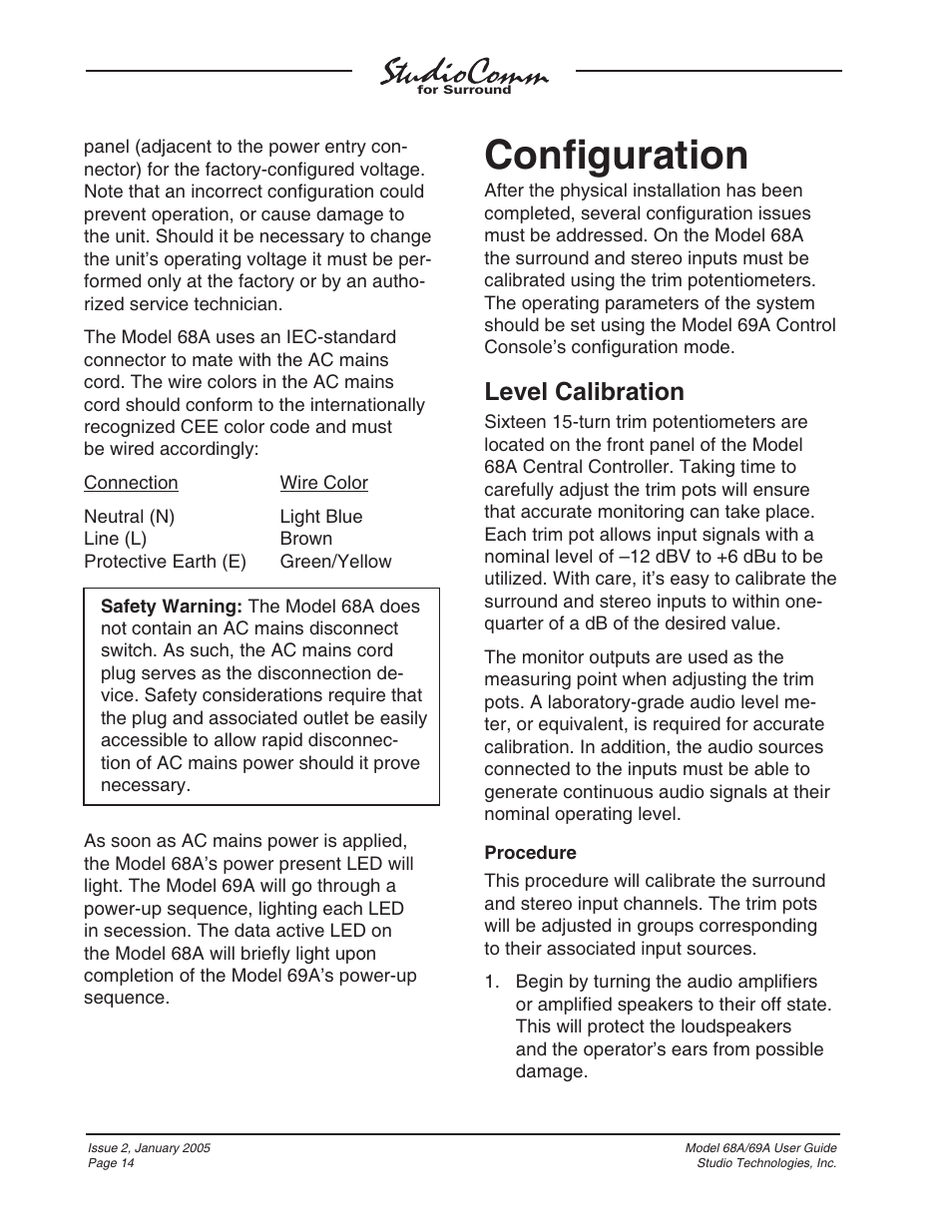 Configuration, Conﬁ guration, Level calibration | Studio Technologies 68A 2005 User Manual | Page 14 / 49