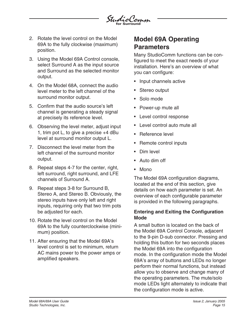 Model 69a operating parameters | Studio Technologies 68A 2005 User Manual | Page 15 / 49