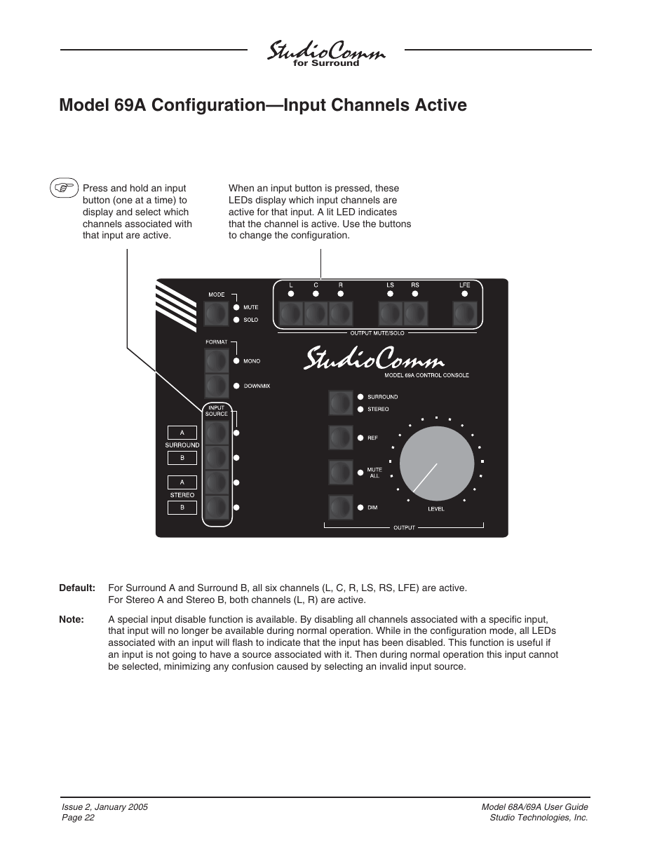 Model 69a conﬁ guration—input channels active | Studio Technologies 68A 2005 User Manual | Page 22 / 49