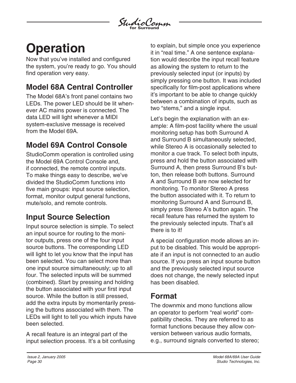 Operation, Model 68a central controller, Model 69a control console | Input source selection, Format | Studio Technologies 68A 2005 User Manual | Page 30 / 49