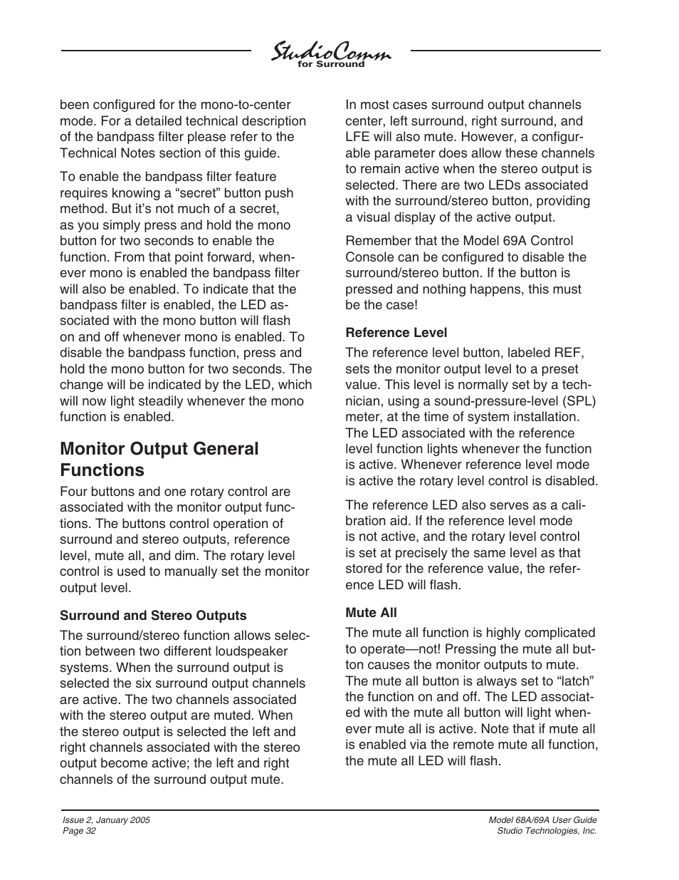 Monitor output general functions | Studio Technologies 68A 2005 User Manual | Page 32 / 49