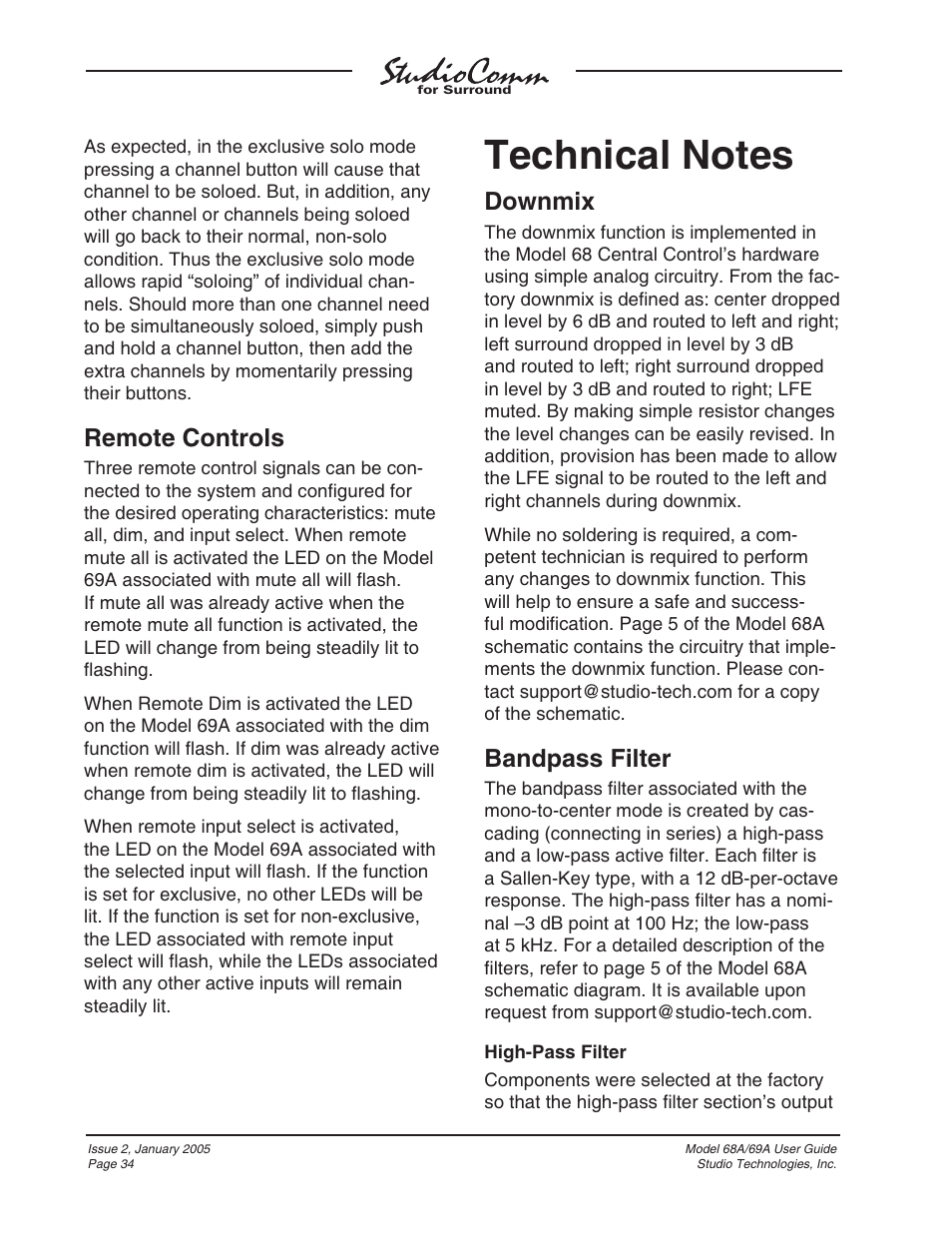 Technical notes, Remote controls, Downmix | Bandpass filter | Studio Technologies 68A 2005 User Manual | Page 34 / 49