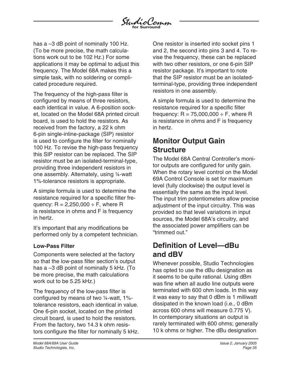 Monitor output gain structure, Deﬁ nition of level—dbu and dbv | Studio Technologies 68A 2005 User Manual | Page 35 / 49