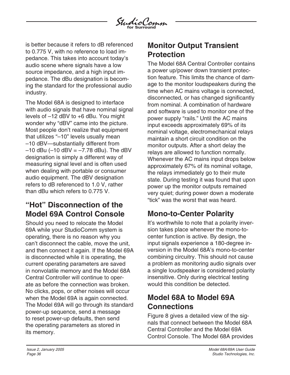 Monitor output transient protection, Mono-to-center polarity, Model 68a to model 69a connections | Studio Technologies 68A 2005 User Manual | Page 36 / 49