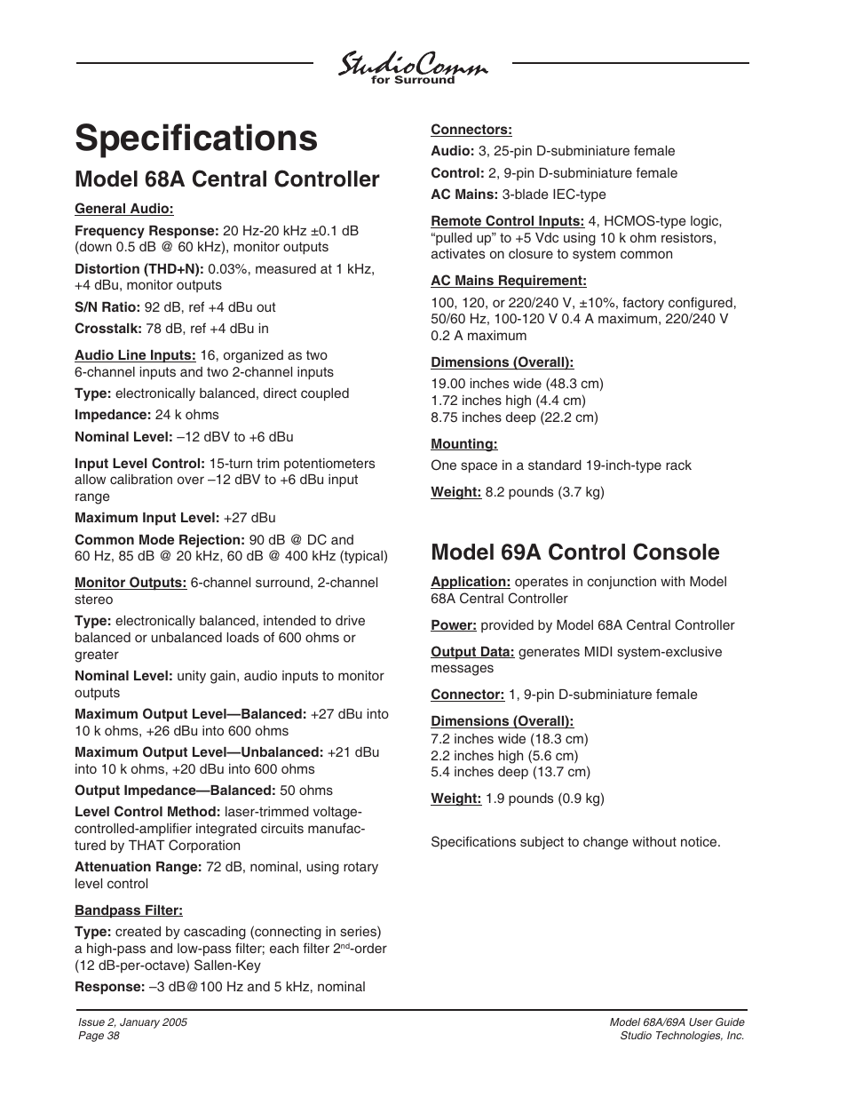 Specifications, Speciﬁ cations, Model 68a central controller | Model 69a control console | Studio Technologies 68A 2005 User Manual | Page 38 / 49