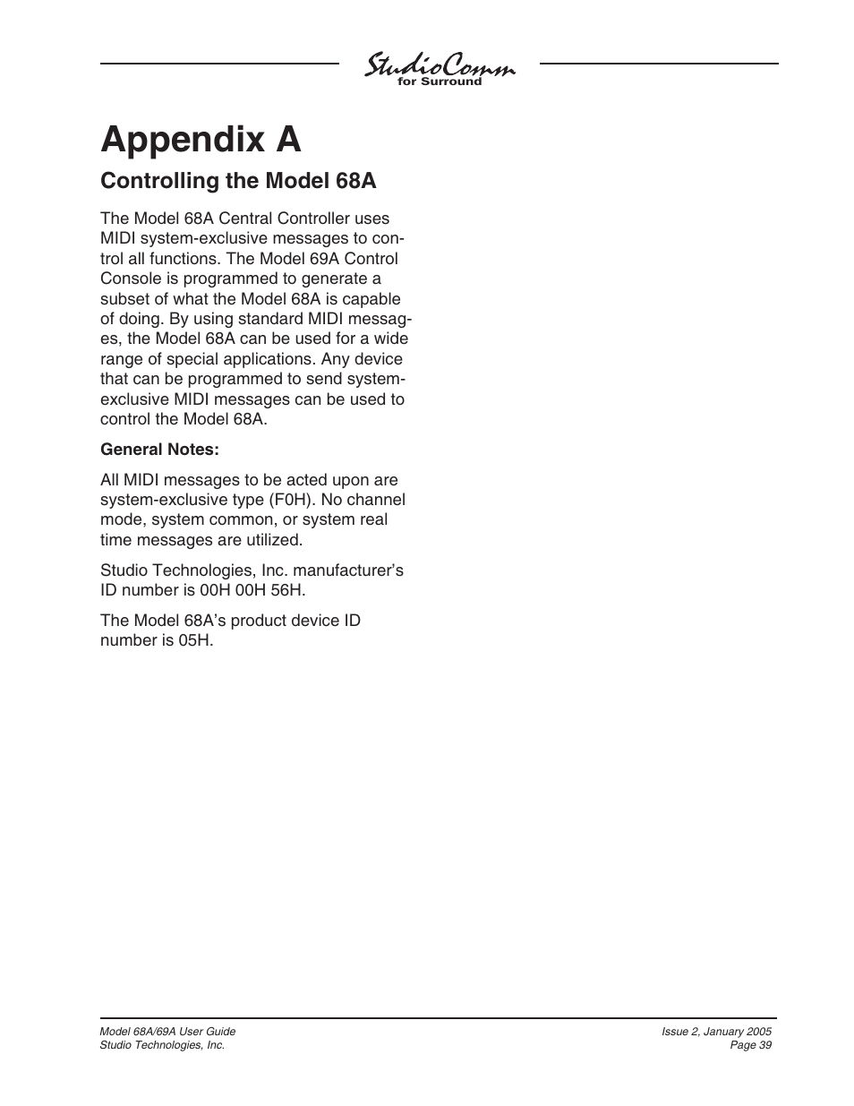 Appendix a, Controlling the model 68a | Studio Technologies 68A 2005 User Manual | Page 39 / 49