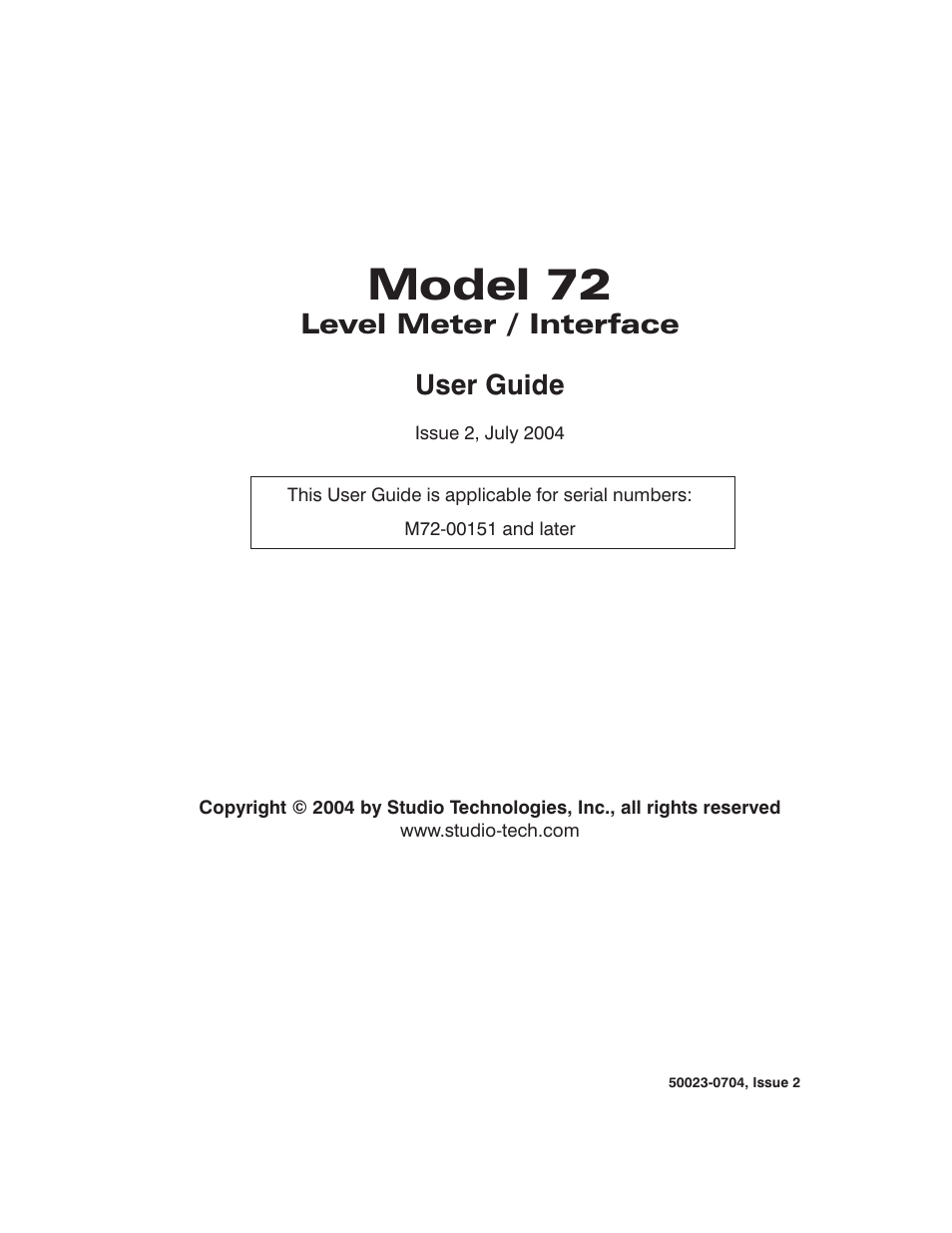 Studio Technologies 72 User Manual | 9 pages