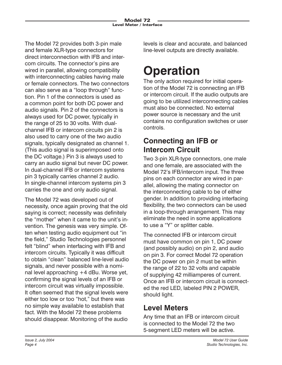 Operation, Connecting an ifb or intercom circuit, Level meters | Studio Technologies 72 User Manual | Page 4 / 9