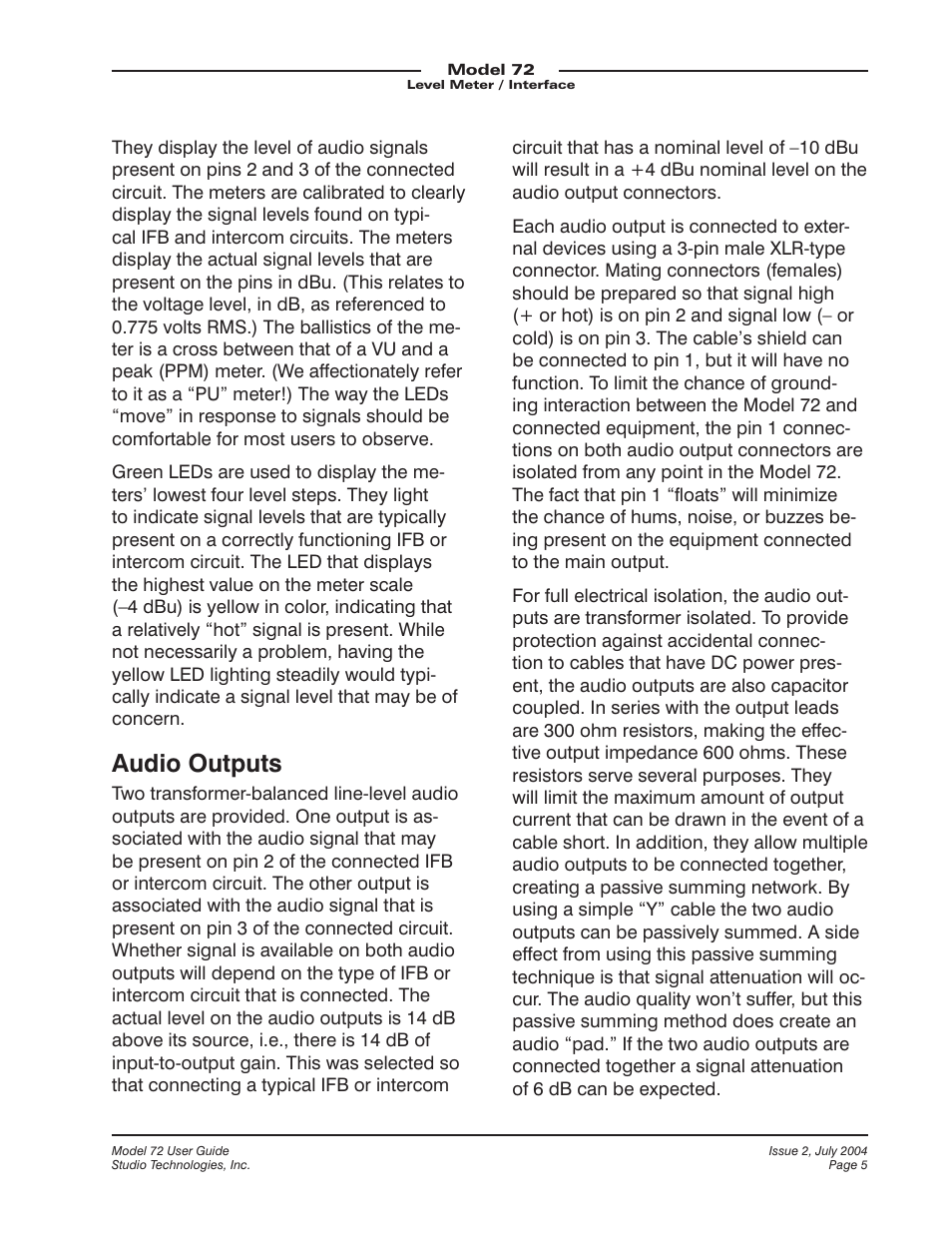 Audio outputs | Studio Technologies 72 User Manual | Page 5 / 9
