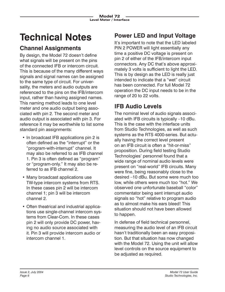 Channel assignments, Power led and input voltage, Ifb audio levels | Studio Technologies 72 User Manual | Page 6 / 9