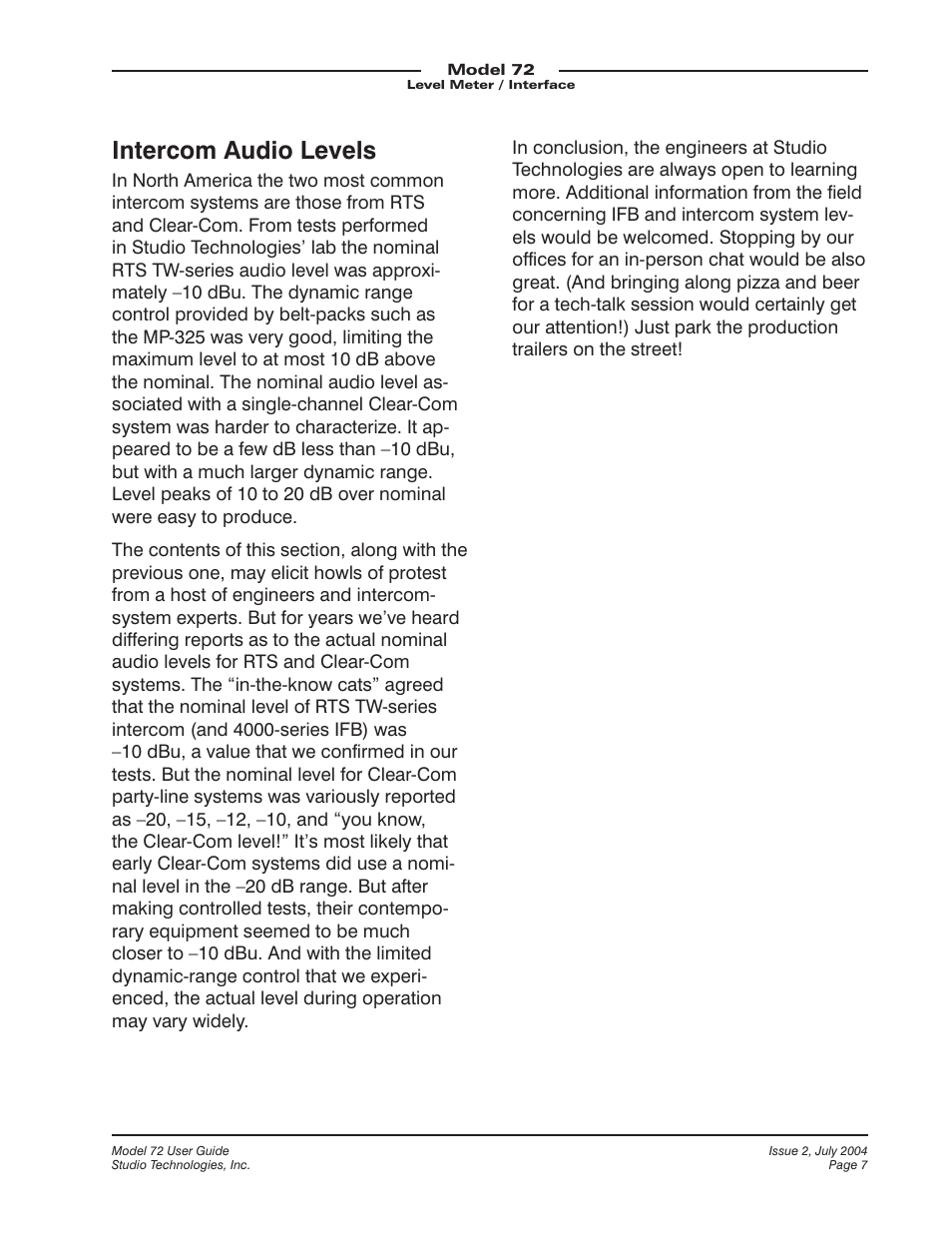 Intercom audio levels | Studio Technologies 72 User Manual | Page 7 / 9