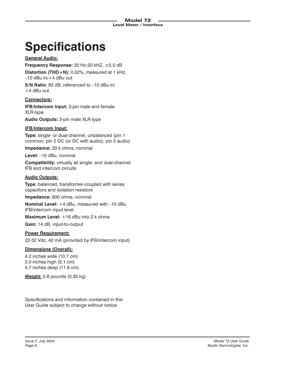 Specifications | Studio Technologies 72 User Manual | Page 8 / 9