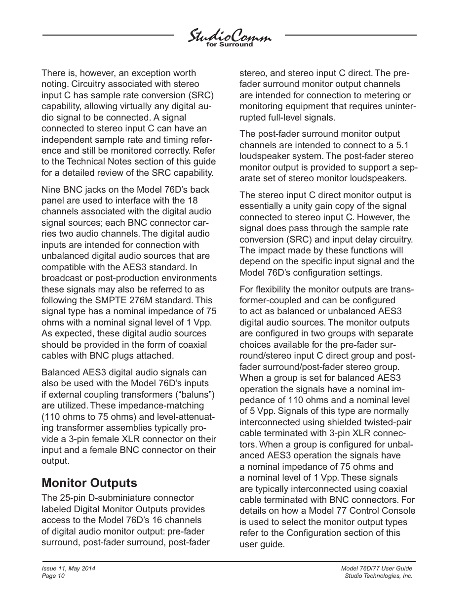 Monitor outputs | Studio Technologies 76D 2014 User Manual | Page 10 / 53