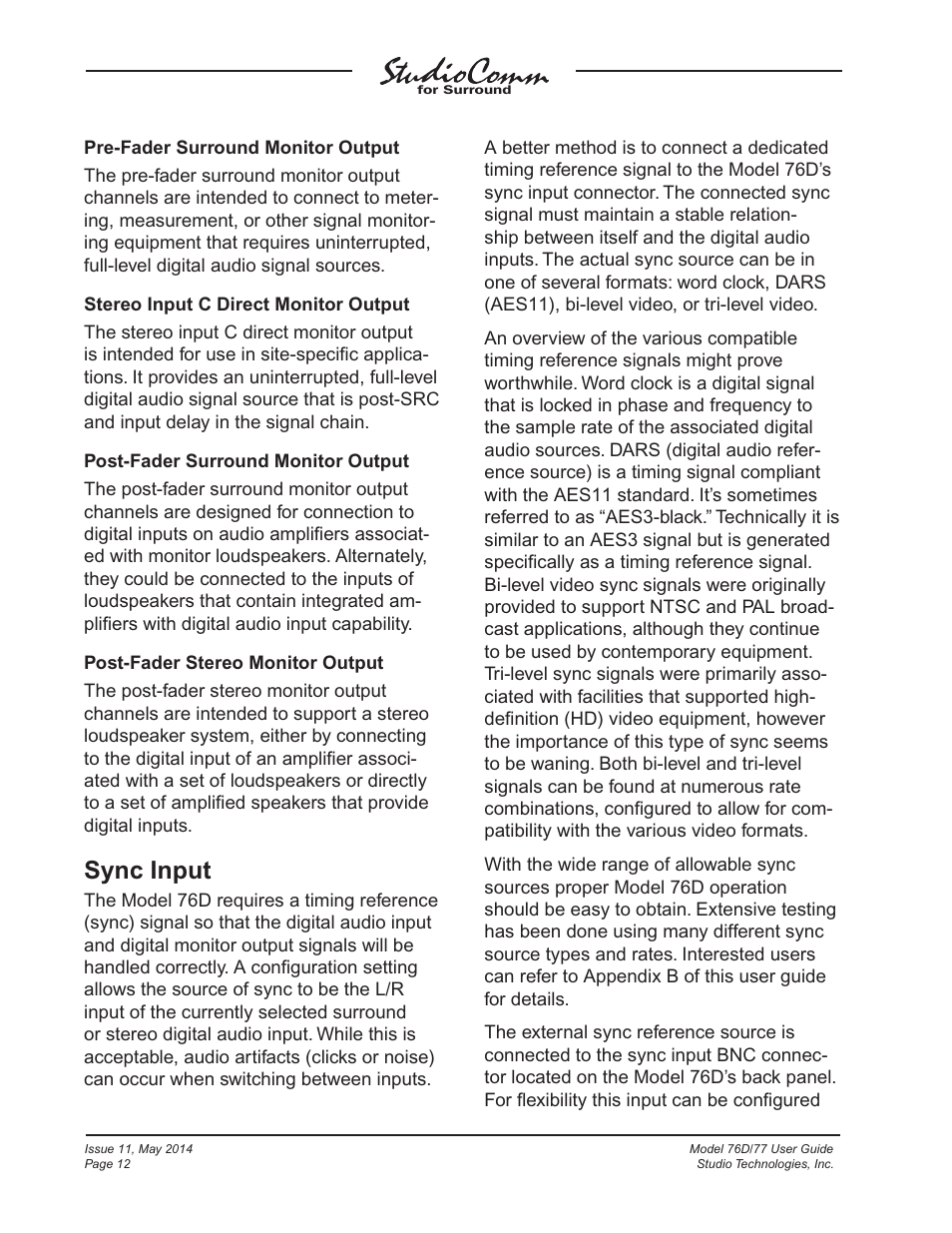 Sync input | Studio Technologies 76D 2014 User Manual | Page 12 / 53