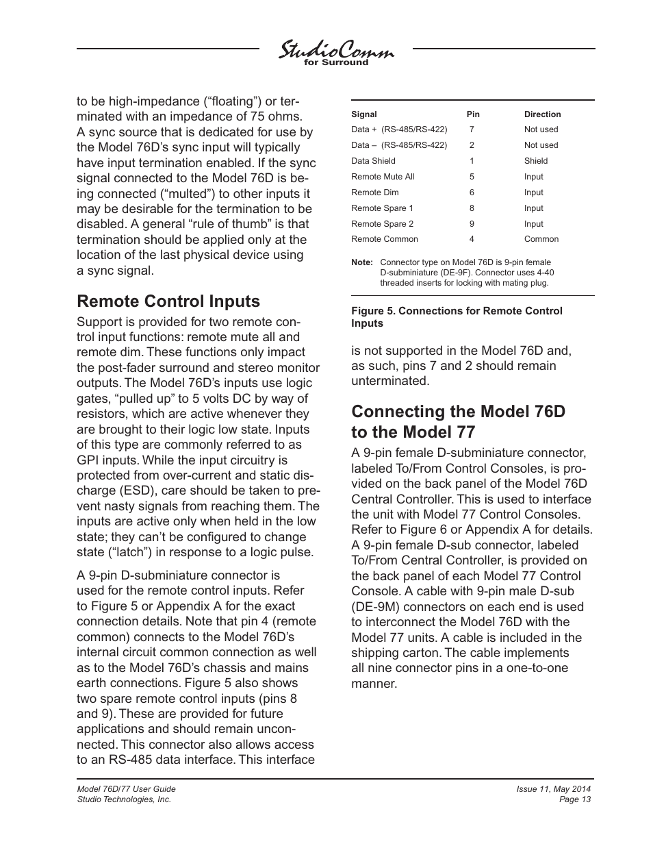Remote control inputs, Connecting the model 76d to the model 77 | Studio Technologies 76D 2014 User Manual | Page 13 / 53