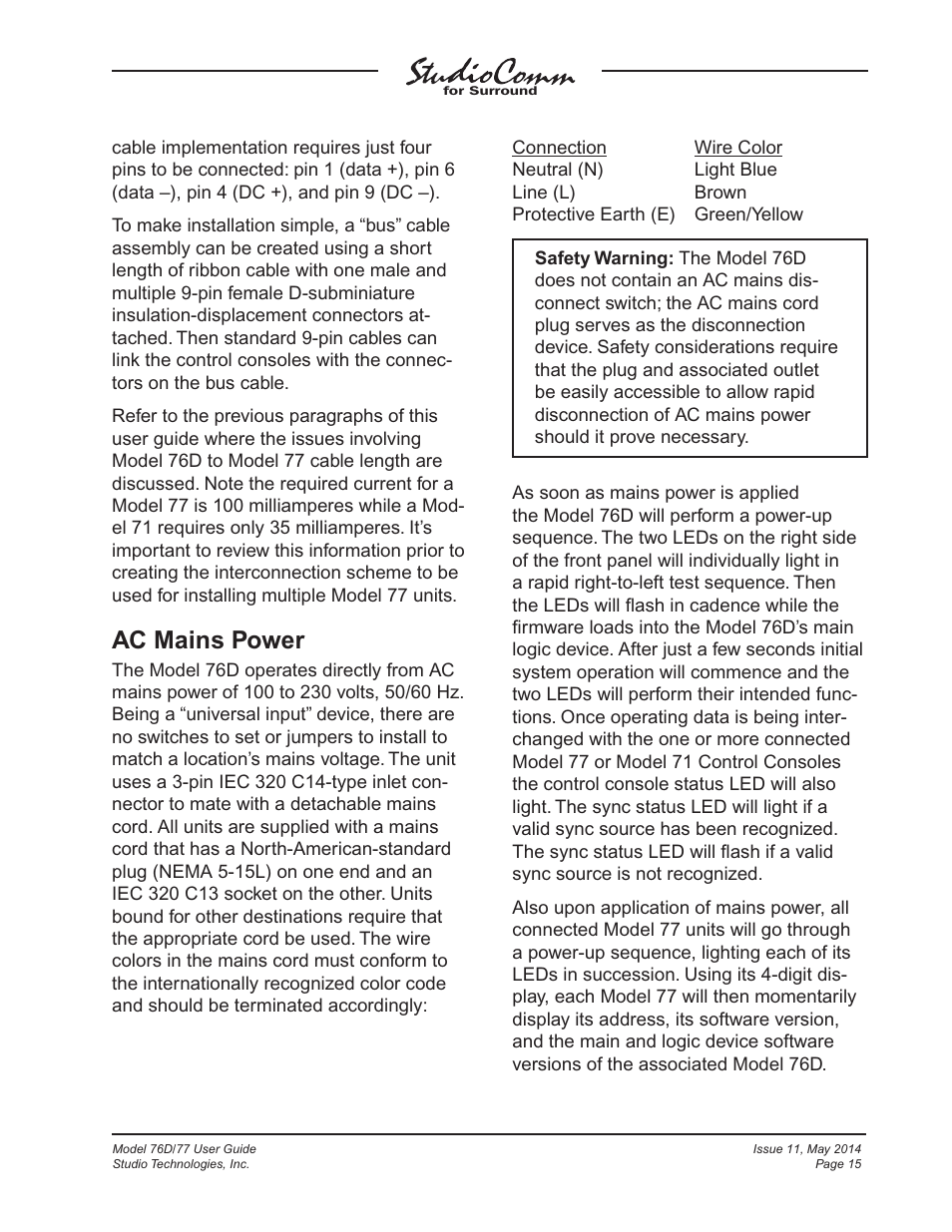 Ac mains power | Studio Technologies 76D 2014 User Manual | Page 15 / 53