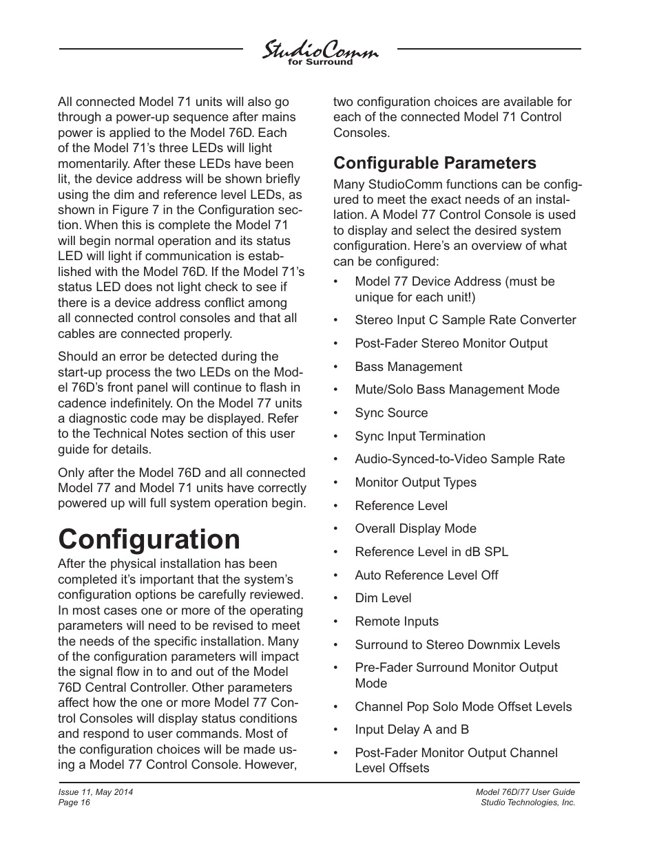 Configuration, Conﬁguration, Conﬁgurable parameters | Studio Technologies 76D 2014 User Manual | Page 16 / 53