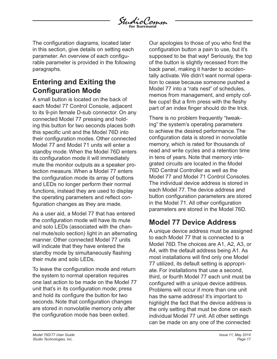 Entering and exiting the conﬁguration mode, Model 77 device address | Studio Technologies 76D 2014 User Manual | Page 17 / 53