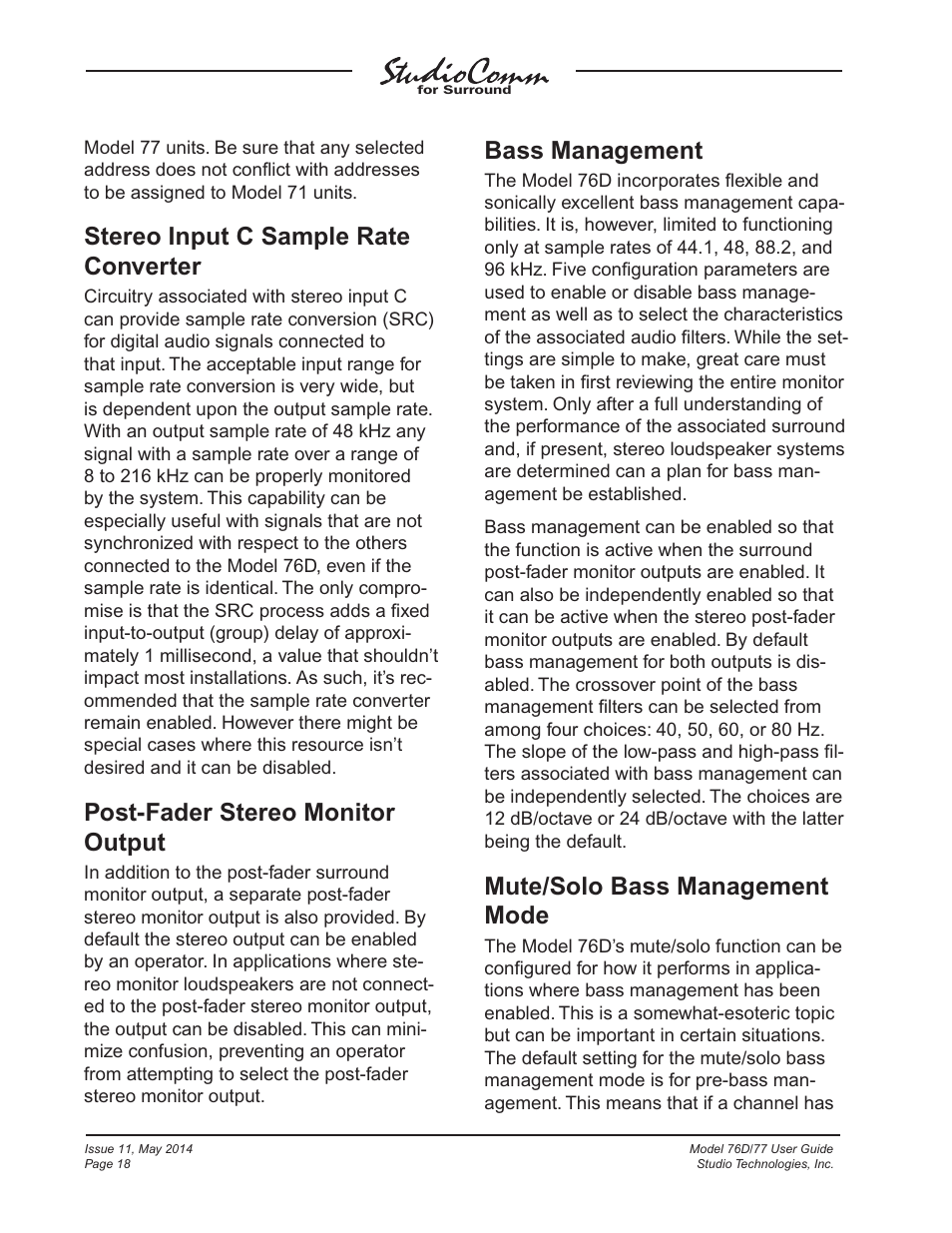 Stereo input c sample rate converter, Post-fader stereo monitor output, Bass management | Mute/solo bass management mode | Studio Technologies 76D 2014 User Manual | Page 18 / 53