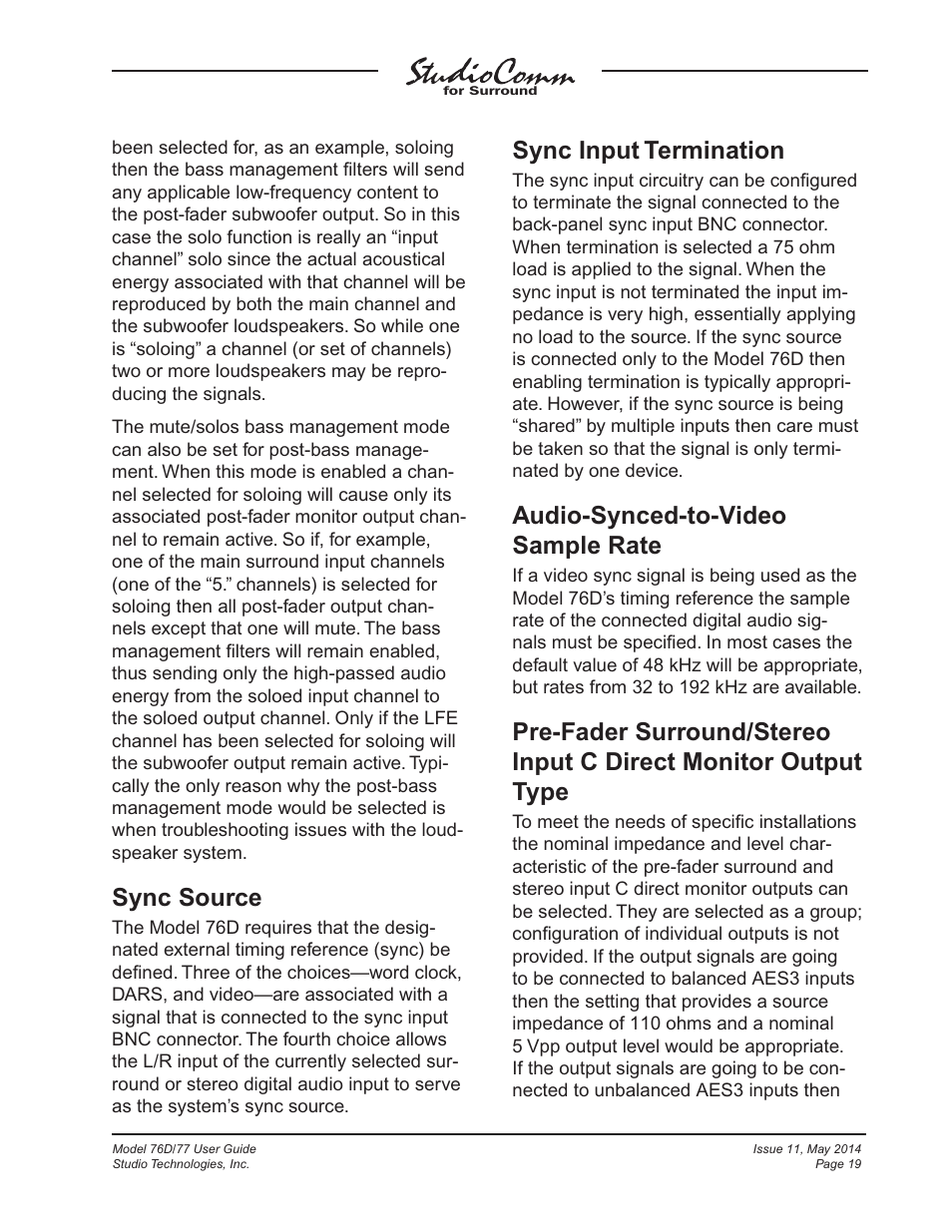 Sync source, Sync input termination, Audio-synced-to-video sample rate | Studio Technologies 76D 2014 User Manual | Page 19 / 53