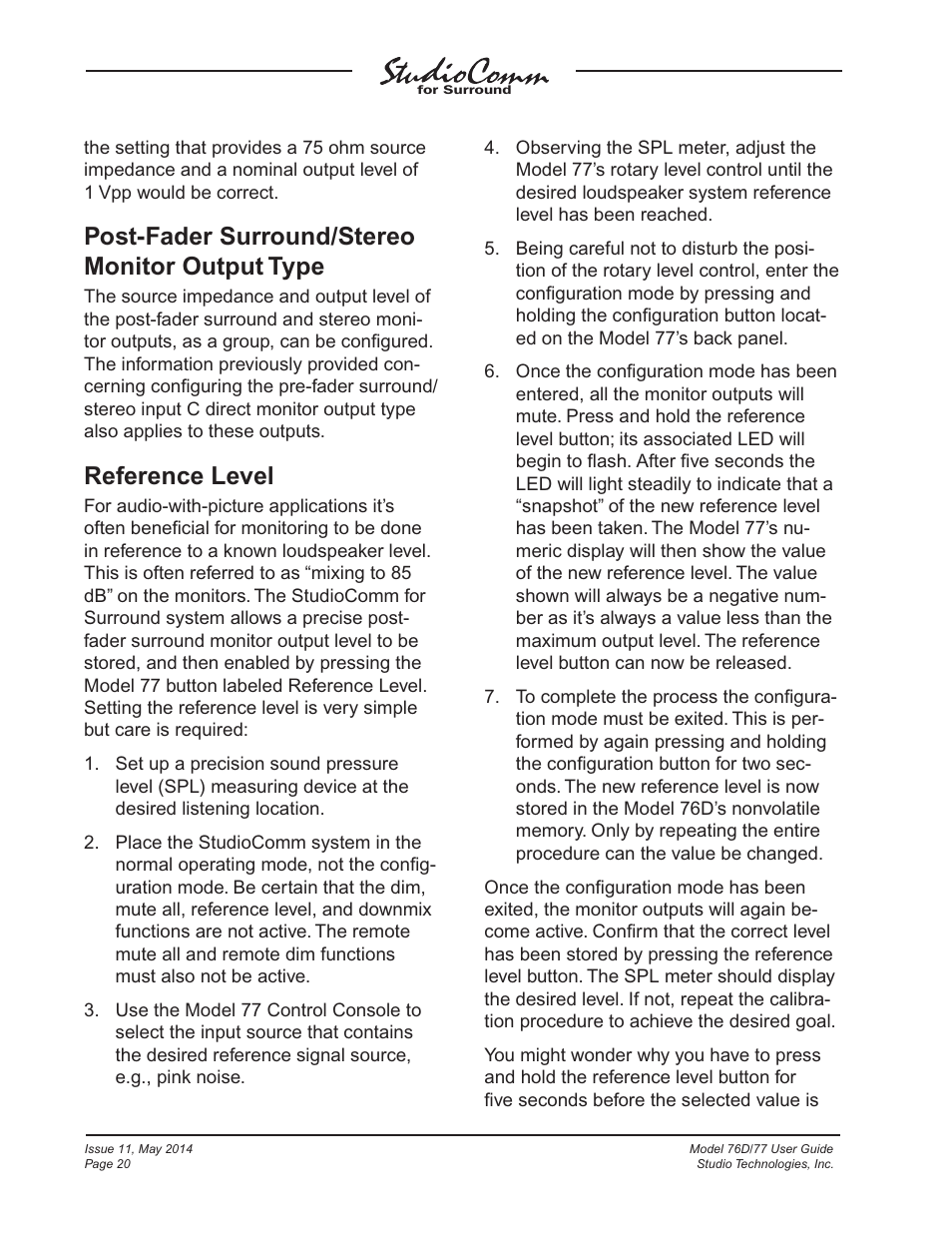 Post-fader surround/stereo monitor output type, Reference level | Studio Technologies 76D 2014 User Manual | Page 20 / 53